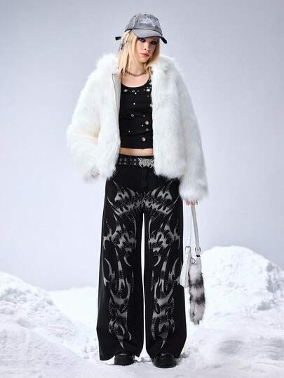 Grunge Punk Y2K Streetwear Chic Jeans mit unregelmäßigem Muster und Strass-Verzierung, weite Passform für Damen