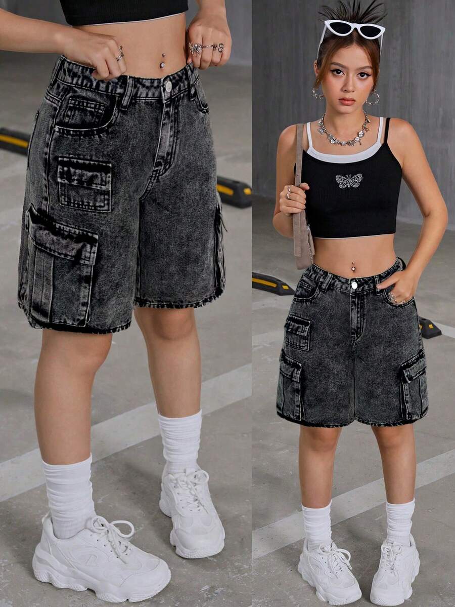 SHEIN Teen Girls Y2K Fashionable Low Waist Flap Pocket Baggy Denim Cargo Jeans Shorts,Teen Girl Back To School Clothes Outfits - Black - View 1