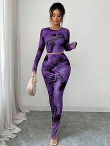 Elenzga Bộ 2 chiếc/Bộ thời trang nữ cổ tròn bó sát thanh lịch họa tiết nhuộm loang dài tay, bộ váy bó sát họa tiết nhuộm loang - Nhiều màu - Xem 6