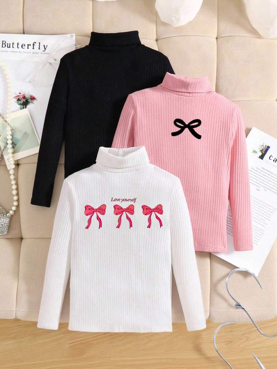 SHEIN 3pcs/Set Tween Girls' Casual Comfortable Mock Neck T-Shirts - Pink - View 1