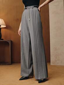Anewsta Women's Modern Elegant Side Pleated Flare Pants With Metal Belt Decoration, Long Suit Pants - Grey - View 4
