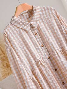CosyJoli 大码女式休闲格子长袖衬衫，秋季款 - 杏色 - 查看 4