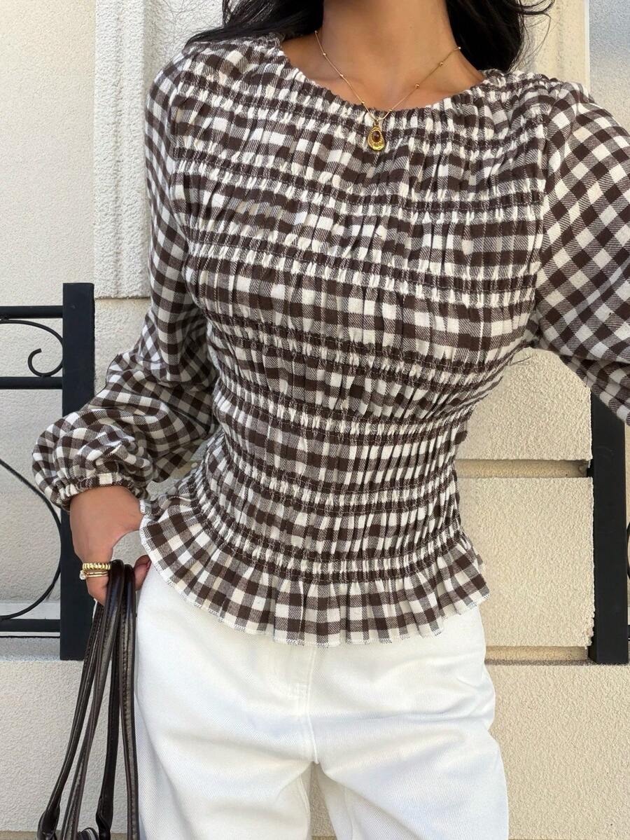 Siren Gaze 秋季/夏季/冬季/返校季/女士演唱会/外出/生日/服装/休闲/千禧年/2000年代/90年代/西部牛仔女装/波西米亚风/乡村风/俱乐部/办公室/鸡尾酒会/复古/紧身/锐舞音乐节/趣味/优雅/老钱风/街头风/度假/乡村音乐会/工作/端庄/国庆新年派对/基础款/毕业/新年/女士圆领落肩长袖上衣 - 棕色 - 查看 1