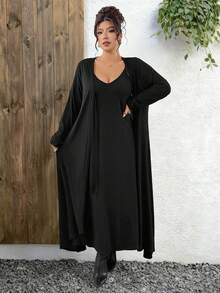 Elenzga Plus Size Black Autumn Elegant Formal Dinner Evening Two Pieces Set,Soft Elastic Waist A-Line Camisole Dress,Brushed Ribbed Long Sleeve Long Cardigan - Black - View 4