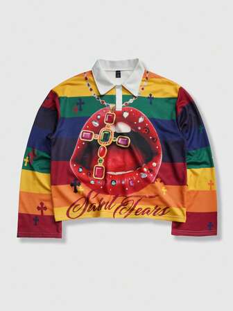 Street Life Camiseta polo de manga larga con estampado y rayas para hombre, estilo casual universitario