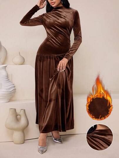 Veilorie Women's Elegant Solid Color Ruched Long Dress, Autumn/Winter