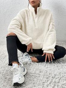 SHEIN EZwear Áo nỉ cổ cao, khóa kéo nửa thân, màu be, cỡ lớn, chất liệu mềm mại, thích hợp cho mùa thu/đông. - Màu be - Xem 1