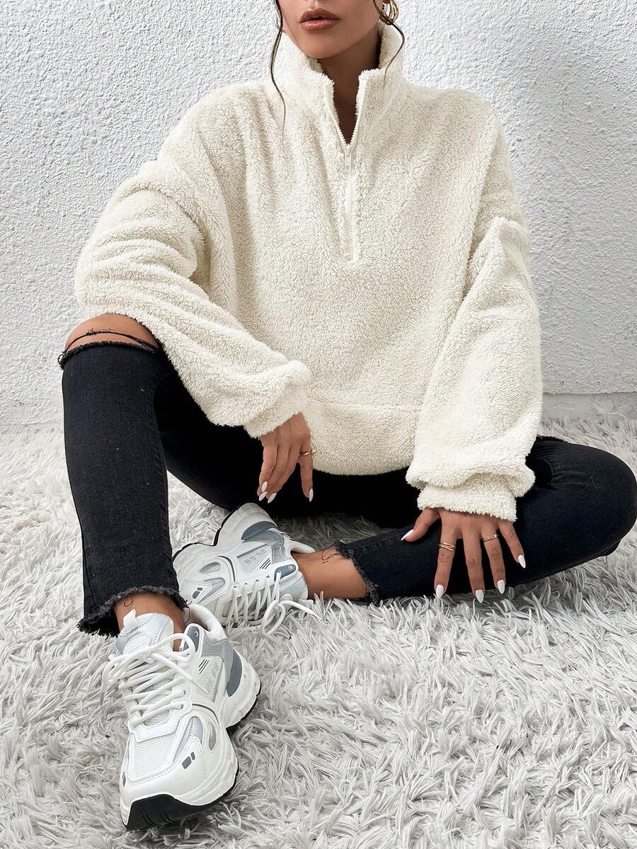 SHEIN EZwear Áo nỉ cổ cao, khóa kéo nửa thân, màu be, cỡ lớn, chất liệu mềm mại, thích hợp cho mùa thu/đông. - Màu be - Xem 1