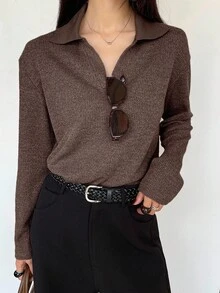 Livesso 女士宽松商务休闲长袖针织拼接T恤，棕色纯色，适合秋、冬、春季穿着 - 棕色 - 查看 6