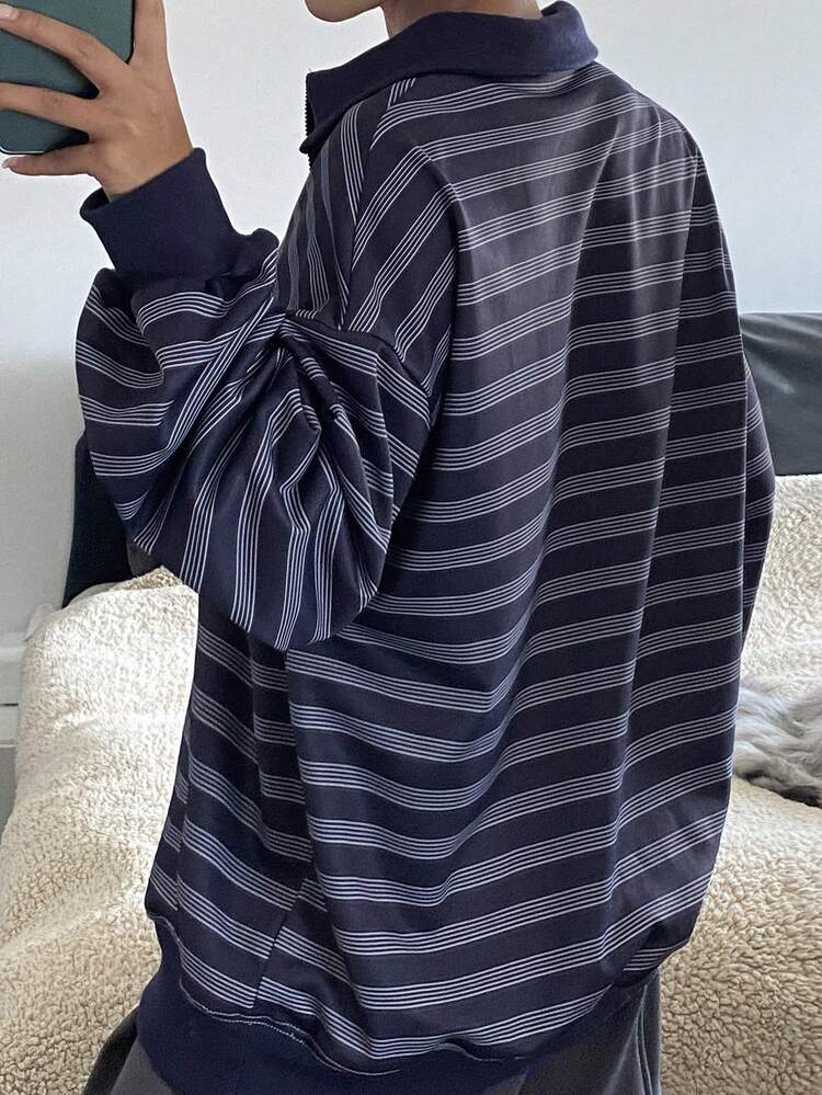 Women's Casual Loose Fit Striped Drop Shoulder Sweatshirt, Autumn