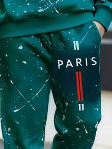 Vacaura 2pcs/Set Teenage Boys' Fashionable & Comfortable Commuter Hoodie With Letter Print & Letter Print Pants Set, Autumn/Winter - Green - View 4