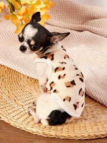 PETSIN 1件棕色豹纹狗头印花宠物背心，假日秋冬加厚法兰绒保暖宠物服装