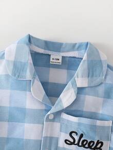 Baby Boys Pajamas-2 Piece Pajama Set Gingham Check Pajama Set Blue White Long Sleeve Collared Button Down Top Elastic Waist Long Pants Pocket Sleep Embroidery Lightweight Breathable Year Round Four Season Sleepwear Loungewear New Year 2026 Holiday Essential - Blue - View 4