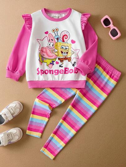 SpongeBob SquarePants | SHEIN Young Girl Cute Cartoon Pattern Pink Long Sleeve Sweatshirt And Striped Pants Set