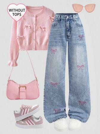 Girlism Pantalones vaqueros sueltos de mezclilla azul con bordado de lazo rosa estilo Y2K para adolescentes, casuales y de moda para vacaciones, Navidad y fiestas