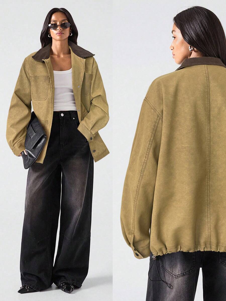 LYSMO Áo khoác cổ màu tương phản thời trang thu đông dành cho nữ - Màu Khaki - Xem 1