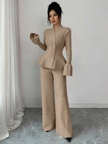 Elenzga 两件套：优雅休闲通勤蓝色立领喇叭袖收腰开衫和直筒针织衫，秋冬款 - 駝色 - 查看 6