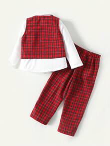 Maija Kids 男童白领长袖衬衫，酒红色格子马甲，休闲绅士套装，秋冬女童服装 - 酒紅色 - 查看 2