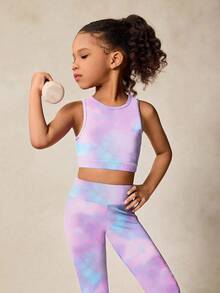 SHEIN 2 件套女童扎染印花吊带背心和紧身裤瑜伽服套装，返校季 - 彩色 - 查看 2