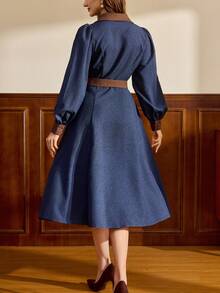 Vintamour 复古经典优雅女士连衣裙，秋冬修身撞色连衣裙，带领子和腰带，藏蓝色长袖连衣裙 - 藏蓝色 - 查看 2