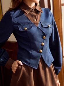 Vintamour Vintage Elegant Women 2 Pieces Set Brown And Blue,Autumn,Elegant,Tea Party Casual Pockets Contrast Color Button Shirt Jacket & Skirt Suit Christmas - Multicolor - View 2