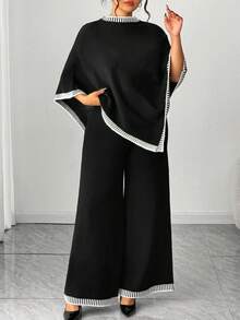 Elenzga Fashionable Casual Elegant Black Asymmetrical Plus Size Sweater Set, Autumn/Winter - Black - View 6