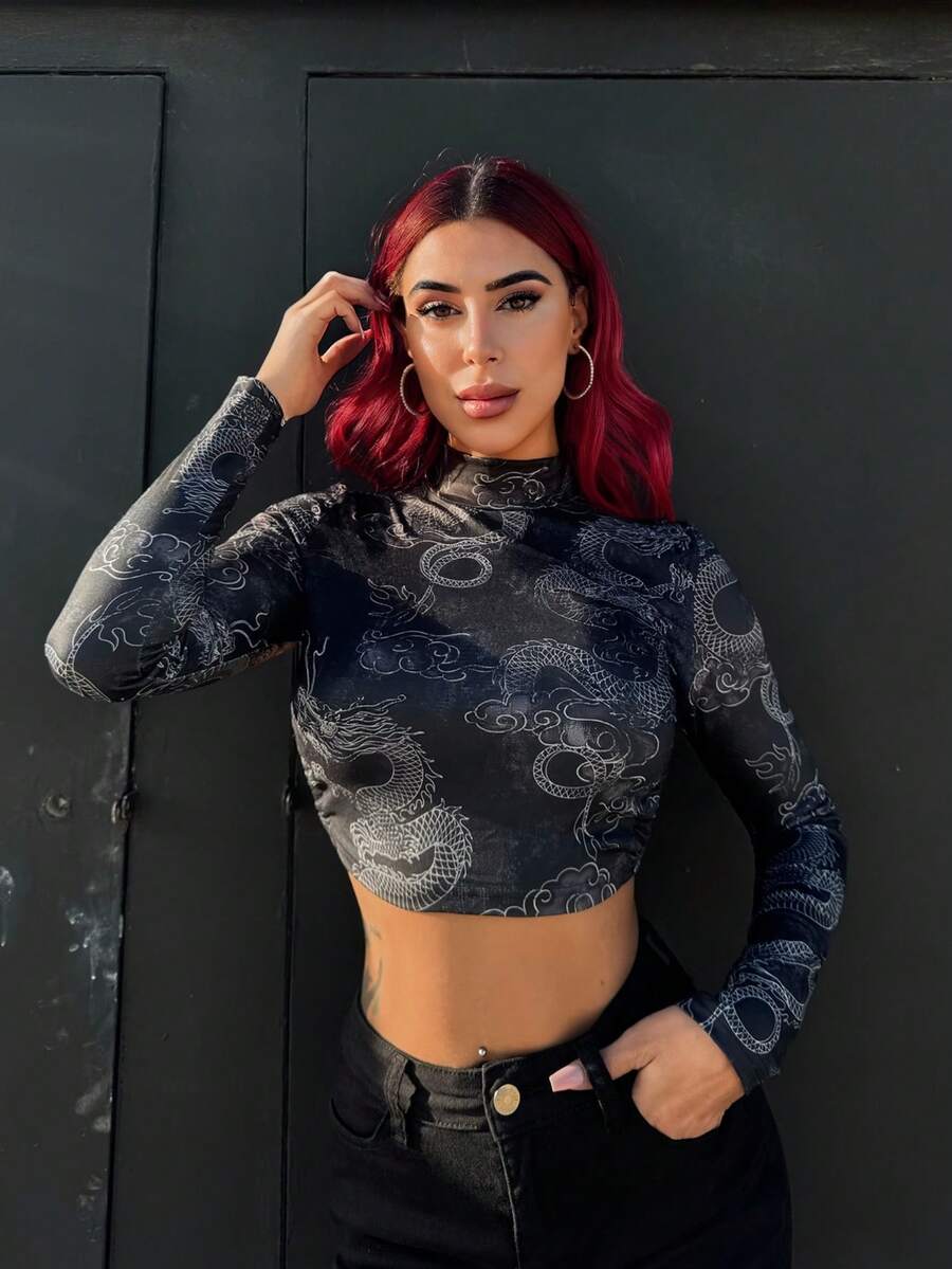 Bearsaez Camiseta Corta Negra Sin Espalda, Con Cuello Alto Falso, Gráficos De Dragón Chino Y Nudo En La Espalda - Negro - Ver 1