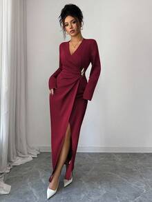 Elenzga Đầm Maxi Thanh Lịch Cổ Chữ V Tay Dài Xếp Ly Thiết Kế Kim Loại Trang Trí Đơn Sắc Cho Nữ - Màu Đỏ Sâu - Xem 6