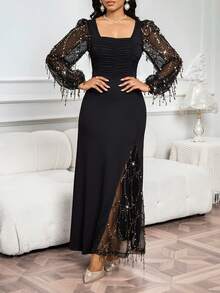 SHEIN Lady Đầm dự tiệc bodycon tay dài đính tua rua sequin dành cho nữ - Đen và vàng - Xem 2