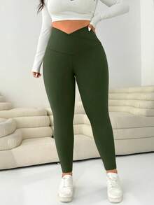 SHEIN EZwear Quần legging bó màu xanh ô liu cỡ lớn dành cho nữ - xanh quân đội - Xem 4