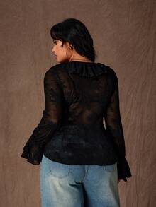 Rustia Plus Size Women Elegant Solid Color Ruffle V-Neck Semi-Sheer Blouse - Black - View 2