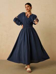 Travachic Váy chữ A tay dài màu xanh navy cỡ lớn cho nữ, váy thêu hoa, váy cotton pha trộn thời trang thu/đông - Màu xanh hải quân - Xem 8