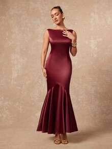 Lumalex Vestido feminino elegante de cor sólida com decote nas costas e barra em cauda de sereia. - Borgonha - Ver 9