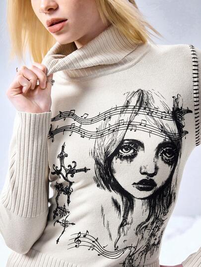 Suéter de cuello alto con estampado gráfico retro de subcultura ciberpunk para mujeres