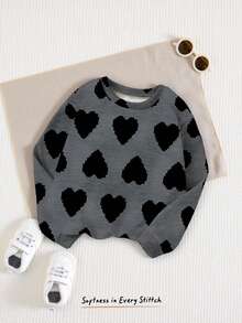 少女舒适秋冬休闲时尚创意个性清新简约高端黑色爱心图案印花宽松灰色圆领卫衣，舒适秋冬女童卫衣 - 彩色 - 查看 3