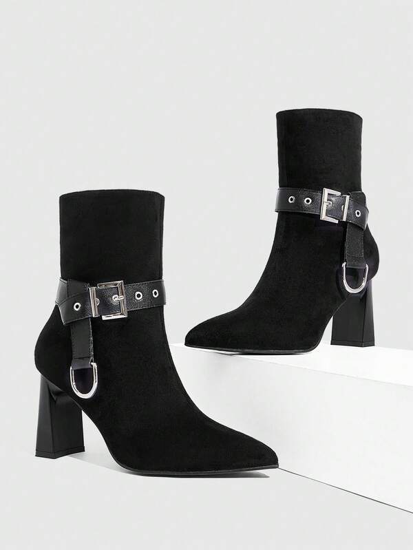 CUCCOO SZL Women's Pointed Toe Buckle Design Fashion High Heel Mid-Calf Boots