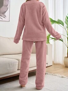 EURMUSE Plus 2pcs Plush Bear Embroidery Detail Homewear PJ Set - Dusty Pink - View 2