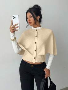 Elenzga Women's Poncho Button Elegant Batwing Knit Cardigan Sweater - Apricot - View 6
