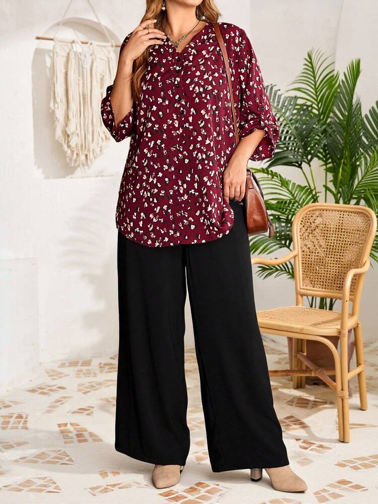 2pcs Plus Size Women Winter Country Elegant Casual Wine Red Leopard Print    Blouse Shirt Top And Black Pants Set With Pockets, Autumn/Winter ,Blouse And Pants Set,Going Out Outfits,2025 New Clothes,Simple And Fashionable For Everyday Wear, Plus Size Winter Clothes, Modest Two Piece Set,  Modest Sets For Women, Wide Leg Pants Set,Christmas Outfit For Women ,New Year Clothes, Thanksgiving Outfit For Women,Thanksgiving Outfit For Women