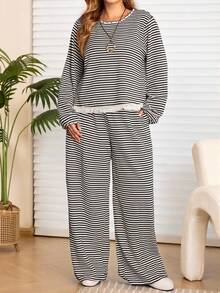 EMERY ROSE 2pcs Plus Size Women Black And White Striped 2 Pieces Lounge Sets,Autumn Boho Everyday Round Neck Long Sleeve Lace Trim Tassel T-Shirt & Wide Leg Pants - Black and White - View 5