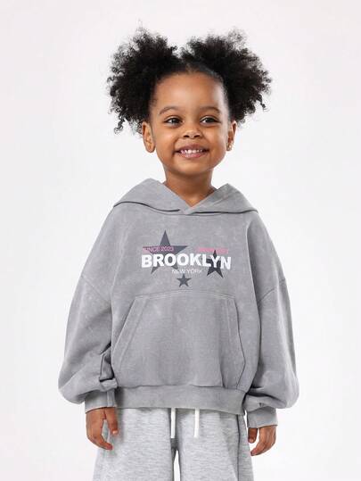 SUMWON 儿童布鲁克林超大连帽衫休闲运动衫冬季街头服饰年轻女孩舒适棉混纺抽绳袋口袋罗纹袖口日常穿着