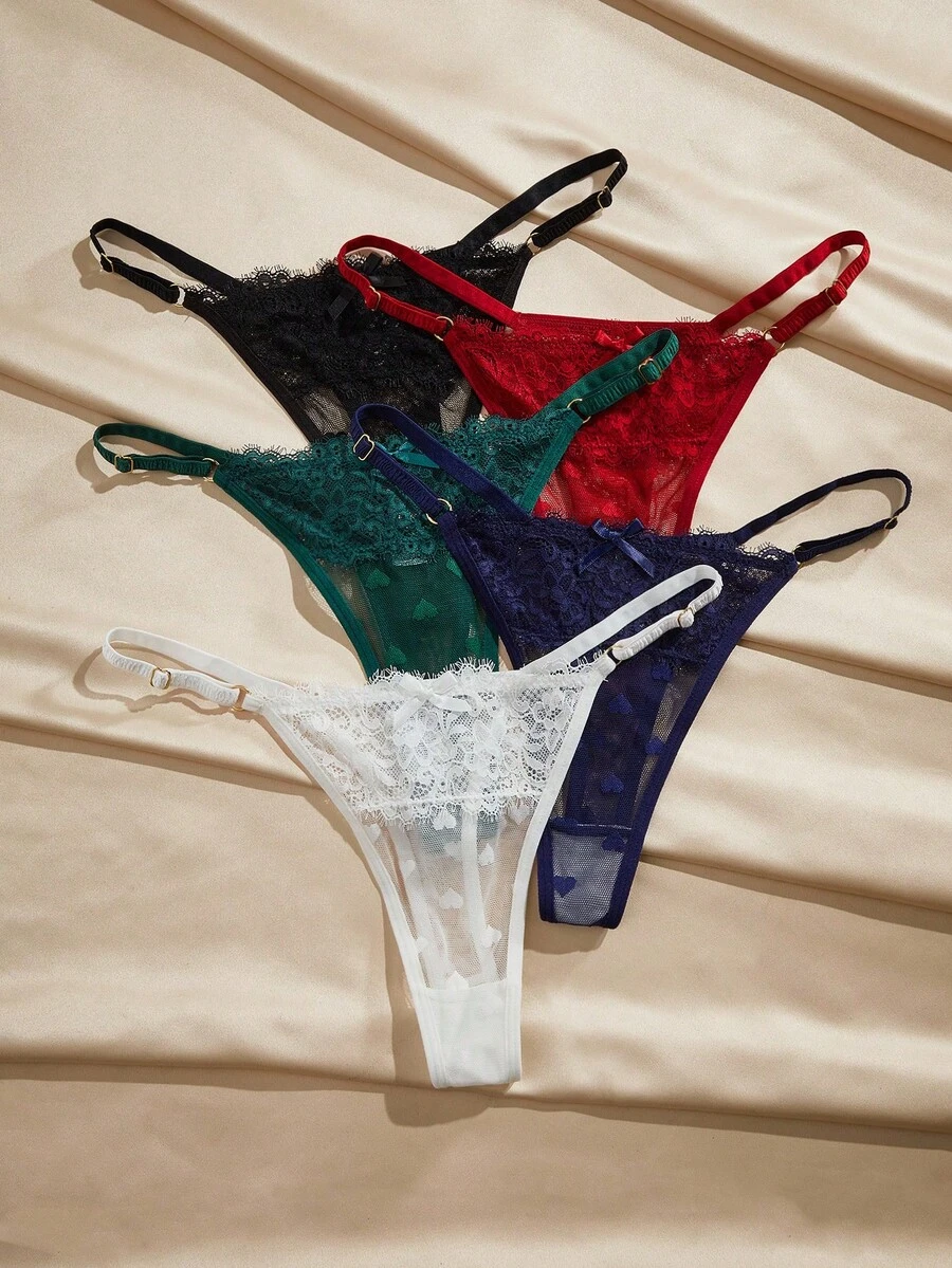 Charlaine Set de 5 tangas de encaje de tiro bajo para mujer con estampado aleatorio de corazones - Multicolor - Ver 1