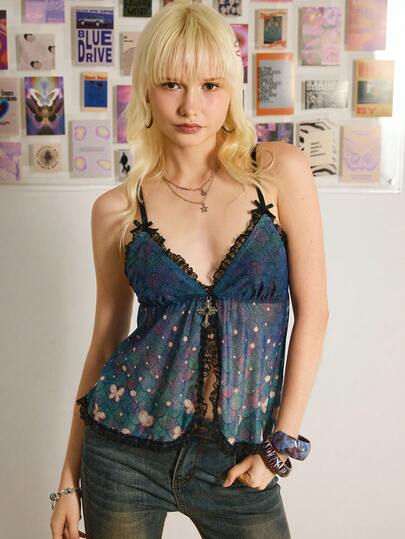 Y2Kool Maria Clara Maia Multicolor Shiny Mermaid Scale, Butterfly, Heart Rhinestone Lace Patchwork Metal Cross Y2K Sexy Mesh See-Through Casual Street Chic Suitable For Autumn/Winter Party, Holiday, Daily Wear Gyaru Hippie Top Fairy Top Babydoll Top Graphic Tops Western Top Babydoll Top Women Cross Top Springs Women Birthday For Women Carnival