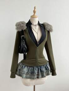 Women's Fitted Zip-Up Sweatshirt With Detachable Faux Fur Collar, Sweet & Cool Girl Style, Autumn/Winter - Army Green - View 5