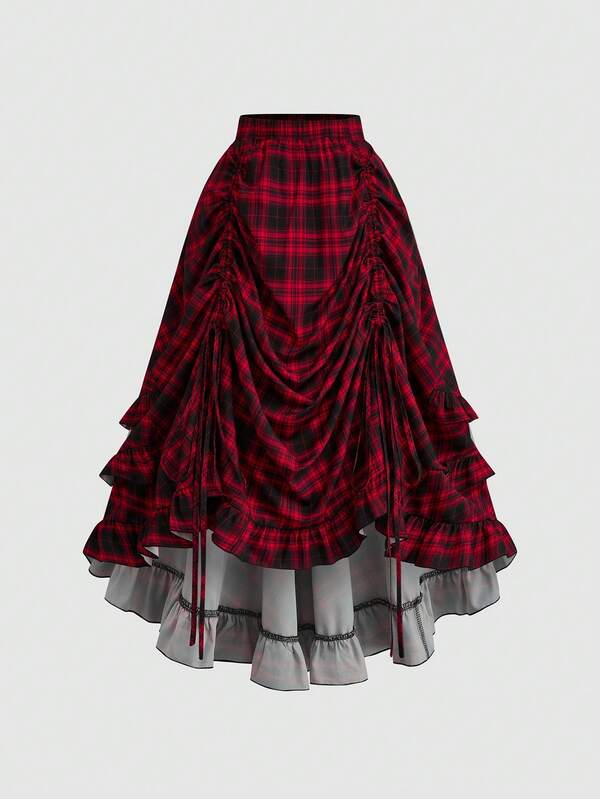 Sweetra Red And Black Christmas Plus Size Women Drawstring Waist Faux Plaid Digital Print A-Line Skirt