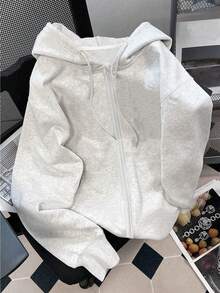 Resyla 女士樱桃印花拉链卫衣，休闲外套，适合教师、返校、毕业、日常穿着、冬季穿着，时尚百搭，灰色 - 淺灰色 - 查看 2