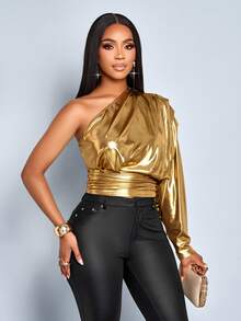 SOLERSUN "Áo sơ mi dài tay xếp ly một bên vai dành cho nữ, áo dài tay, thích hợp mặc dự tiệc, lễ hội âm nhạc" - Vàng - Xem 8