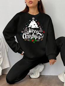 SHEIN EZwear Bộ 2 áo nỉ cổ tròn rộng rãi in hình cây thông Noel và quần legging bó - màu đen - Xem 5