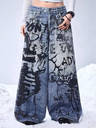 Grunge Punk جينز نسائي بطبعة هيكل عظمي داكن بخصر منخفض جدًا وفضفاض