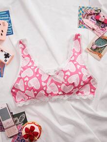 Women's Lace Patchwork Heart Print Comfortable Lingerie - Pink - View 7